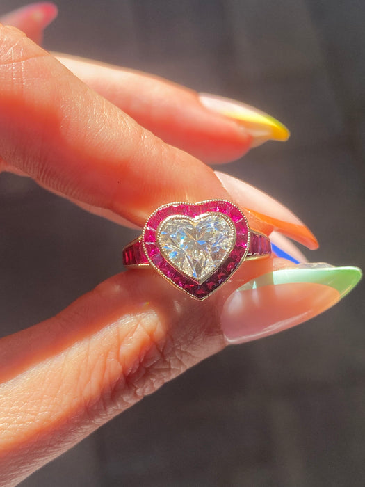 14K Lab Diamond Heart Ring with Natural Ruby Halo