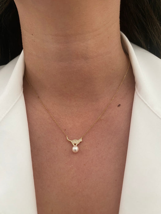 14k diamond cat pearl necklace