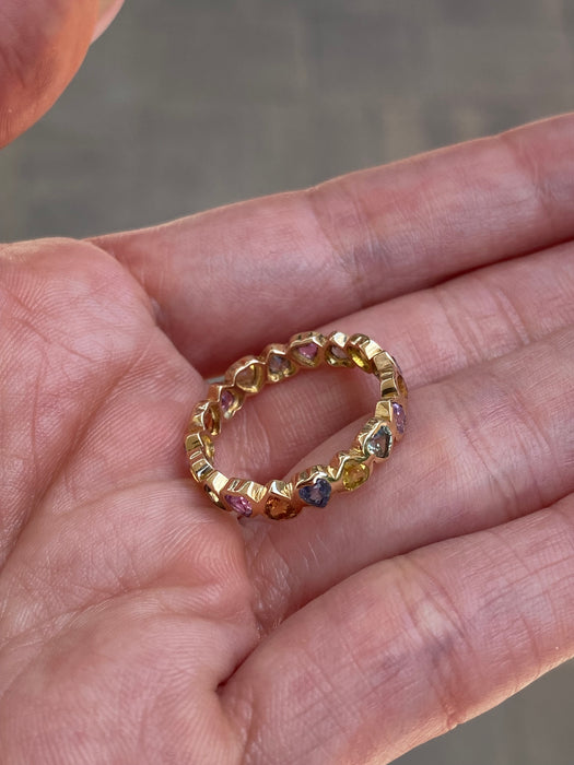 14K Gold Rainbow Sapphire Heart Eternity Ring