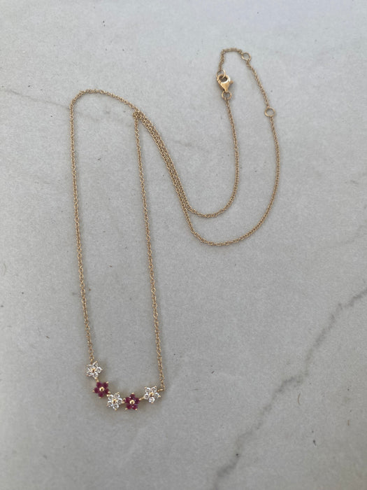 14K Gold Ruby & Diamond Flower Bar Necklace