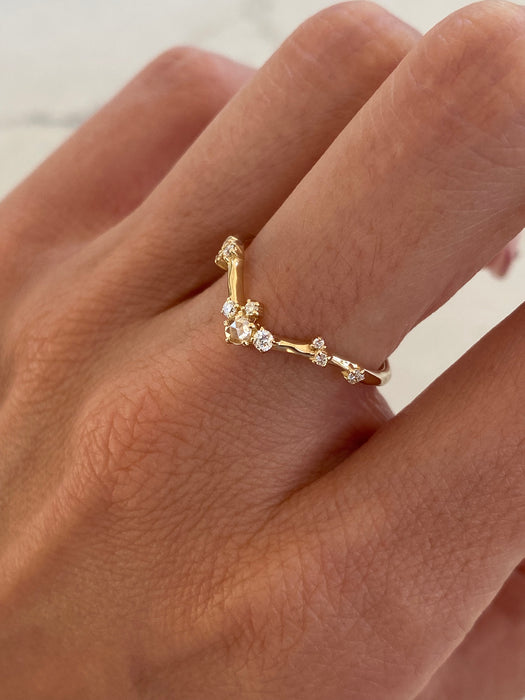 14K Gold Rose Cut & Round Brilliant Lab Diamond Chevron Ring