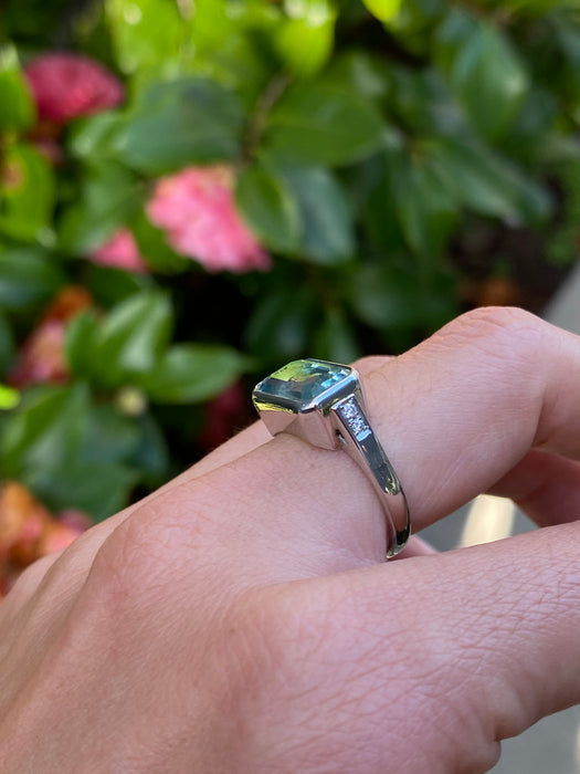 Platinum 900 bezel set aquamarine diamond ring size 6