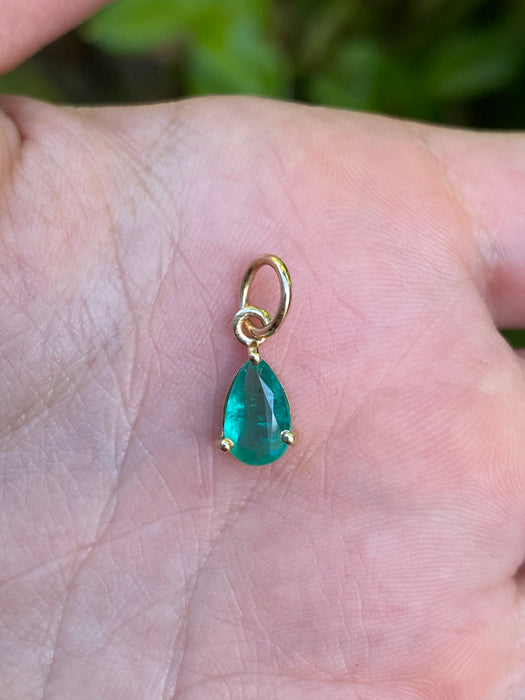 14K Gold Pear Cut Emerald Charm Pendant