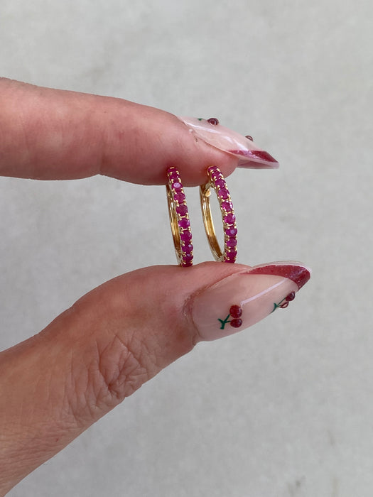 14K Gold Natural Ruby Huggie Hoop Earrings