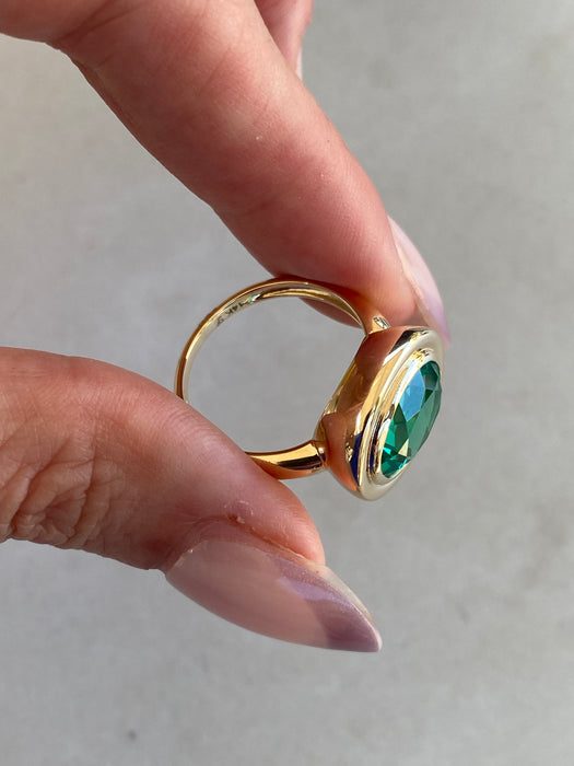 14K Double Bezel 3.4 Carat Lab-Grown Emerald Oval Ring