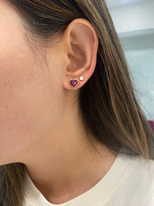 14K Gold Invisible-Set Natural Ruby Heart Stud Earrings