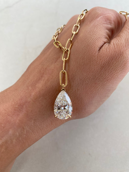 14K Paperclip Lariat Necklace with 5 Carat Pear Lab Diamond