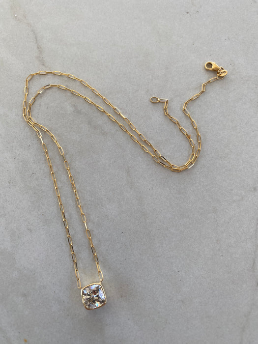 14K Gold 2.25 Lab Cushion Bezel-Set Diamond Paperclip Necklace 18”