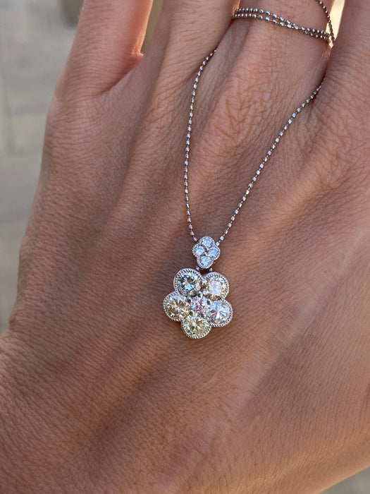 Vintage Platinum Bead Necklace with Articulated Natural Diamond Flower Charm