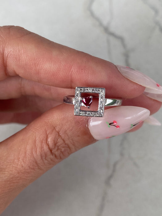 Vintage 18K White Gold Diamond & Ruby Heart Ring by Vendome