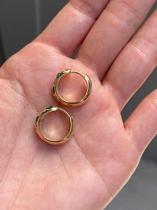 14k emerald fancy diamond heart hoop earrings