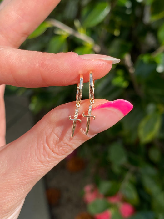 14K Natural Diamond Dagger Sword Huggie Earrings