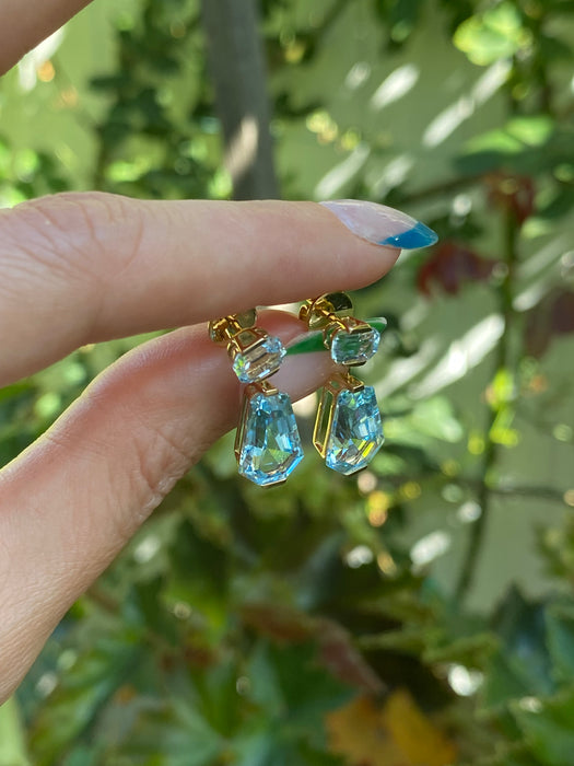 18K Gold Geometric Blue Topaz Dangle Earrings – 9.4ct