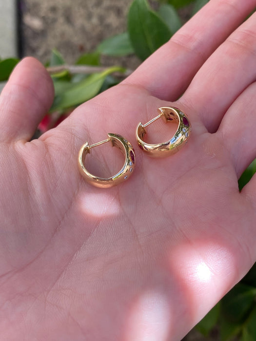 14k ruby fancy cuts and diamond hoop earrings