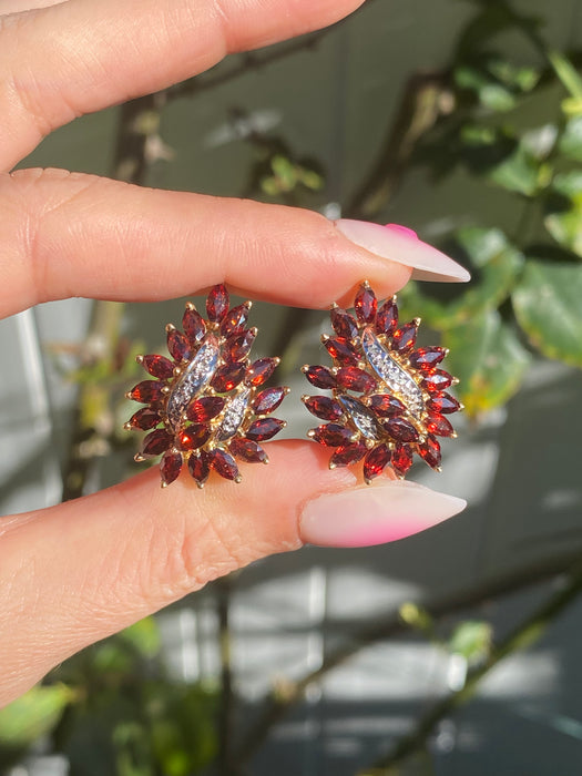Vintage 14K Gold Marquise Garnet & Diamond Cluster Earrings with Omega Backs