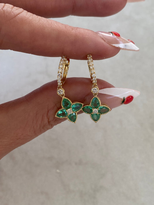 18K Gold Emerald & Diamond Flower Charm Huggie Earrings