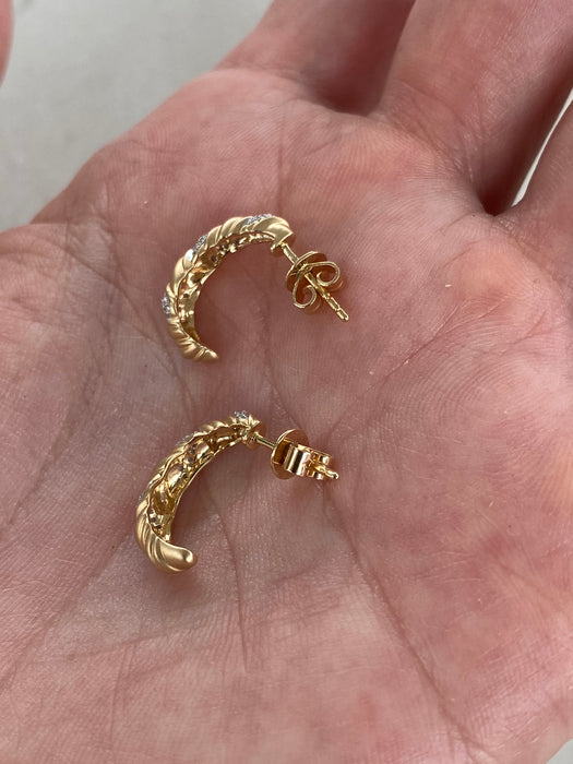 14K Gold Brushed Finish Diamond Croissant J Hoop Earrings