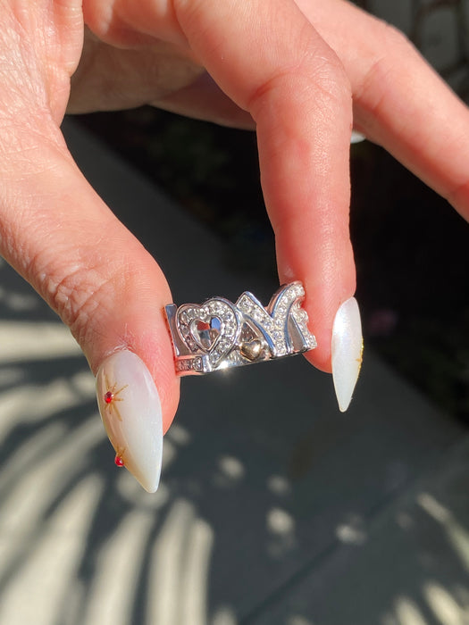 Vintage 18K White Gold Diamond Love Ring with Rose Gold Heart