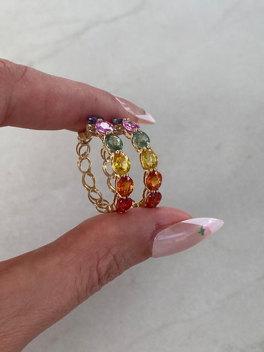 14K 6 TCW Rainbow Sapphire Oval Hoop Earrings