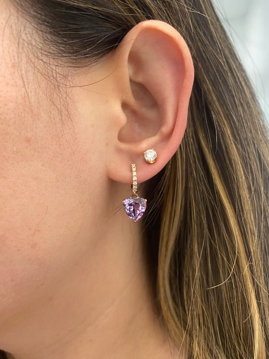 18K Rose Gold Amethyst Heart & Diamond Huggie Earrings | 5.2 CTW Amethyst