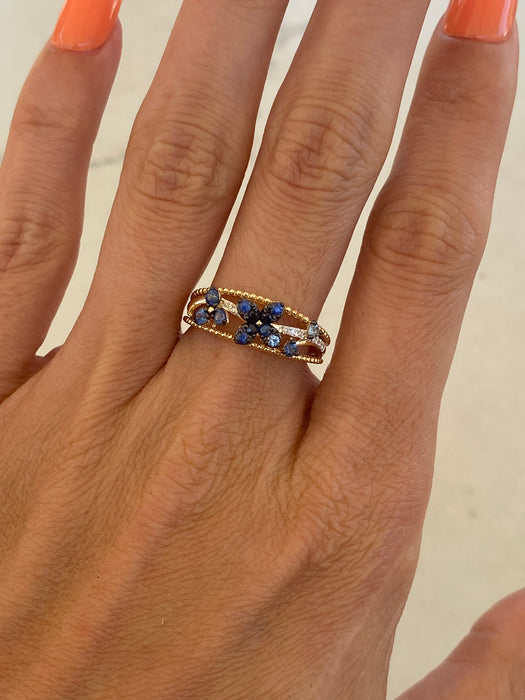 14K Blue Sapphire & Diamond Flower Ring