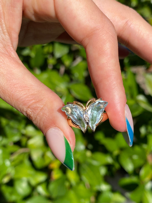 14k carved blue topaz diamond butterfly ring size 6.75