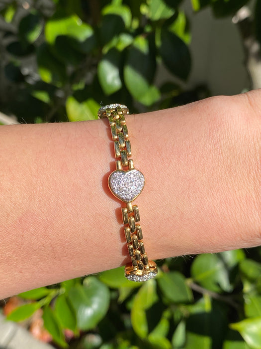 Vintage 18K Gold Panther Link Diamond Heart Bracelet
