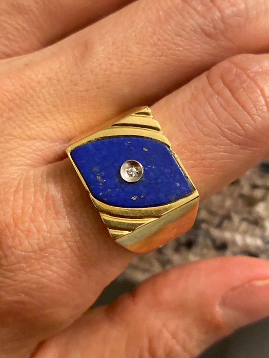 Vintage 14K Gold Lapis Lazuli Signet Ring with Diamond Center – Size 9.75