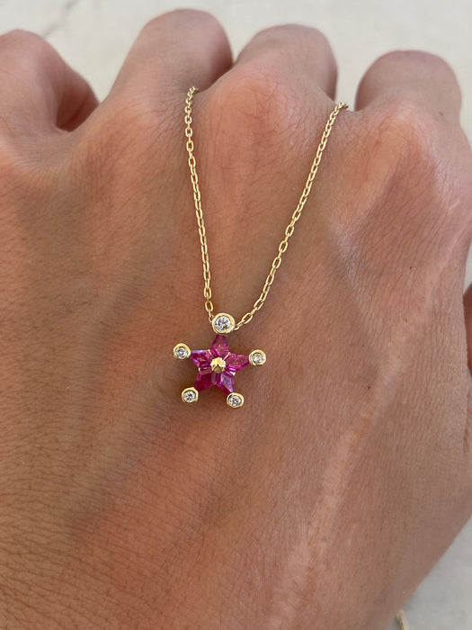 18K Gold Kite Cut Ruby Diamond Star Pendant Necklace – 16”