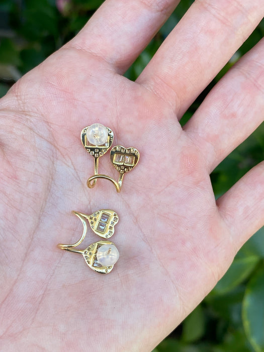 Vintage 18K Gold Diamond Double Heart Stud Earrings – 1 CTW Baguette & Round Diamonds