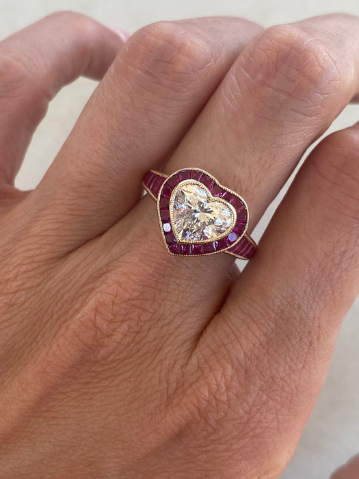 14K Lab Diamond Heart Ring with Natural Ruby Halo