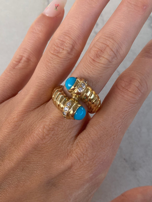 Vintage 14K Gold Turquoise & White Sapphire Bypass Ring