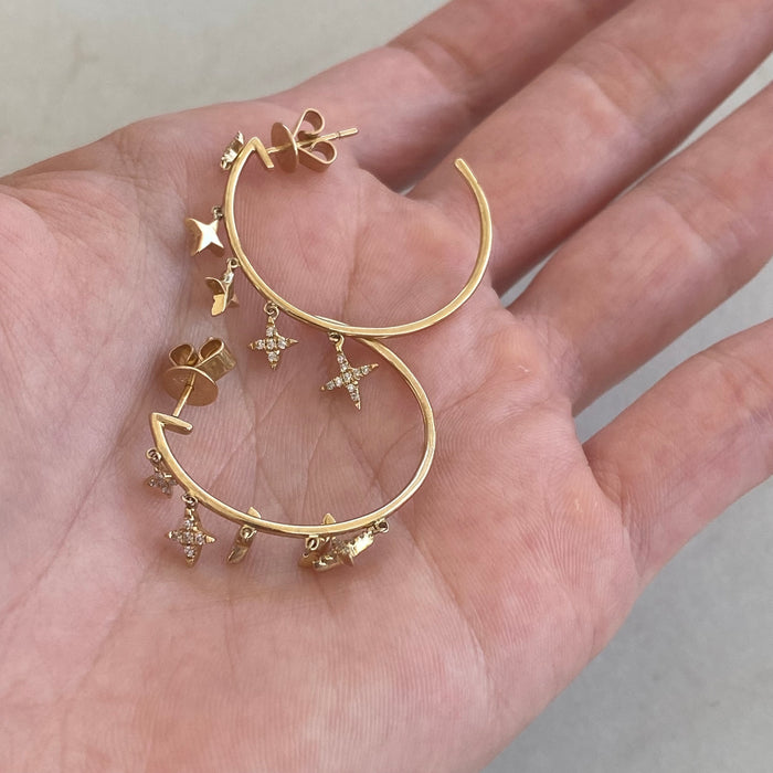 14K Gold Natural Diamond Star Charm J Hoop Earrings