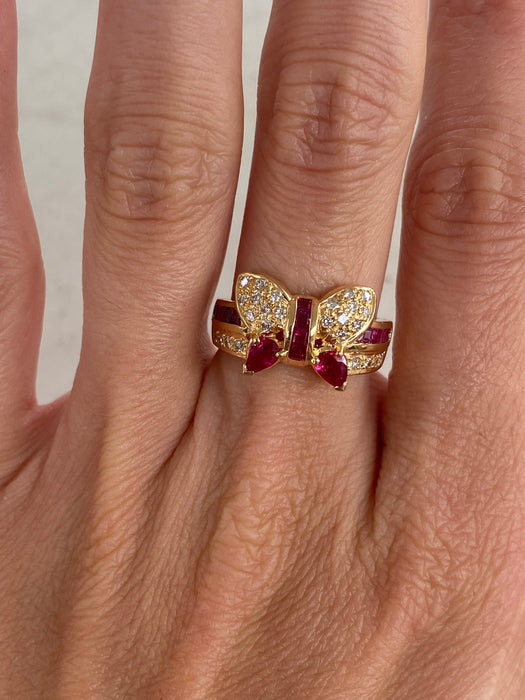 Vintage 18K Gold Ruby & Diamond Bow Butterfly Ring | 1.37 TCW Rubies | Size 6