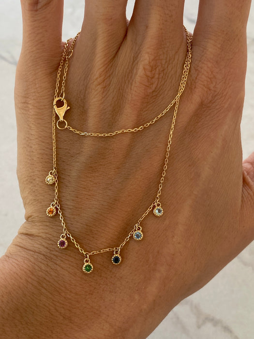 14K Multi-Gemstone Bezel Station Charm Necklace
