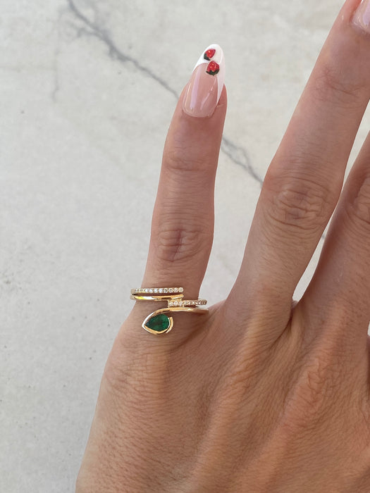 14K Yellow Gold Pear Emerald & Diamond Wrap Ring