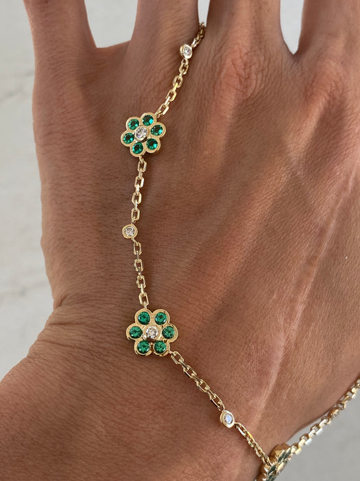 14K Gold Mariner Chain Necklace with Lab Emerald & Diamond Flower Stations