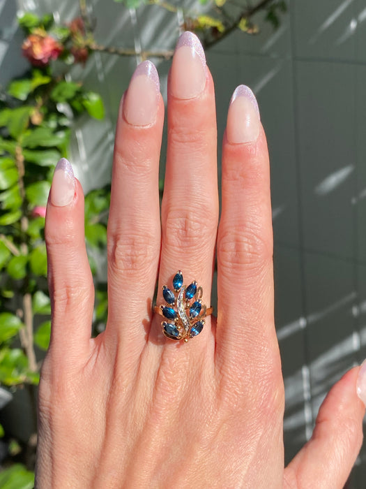 Vintage 14K Gold Blue Topaz & Diamond Leaf Ring – Size 7