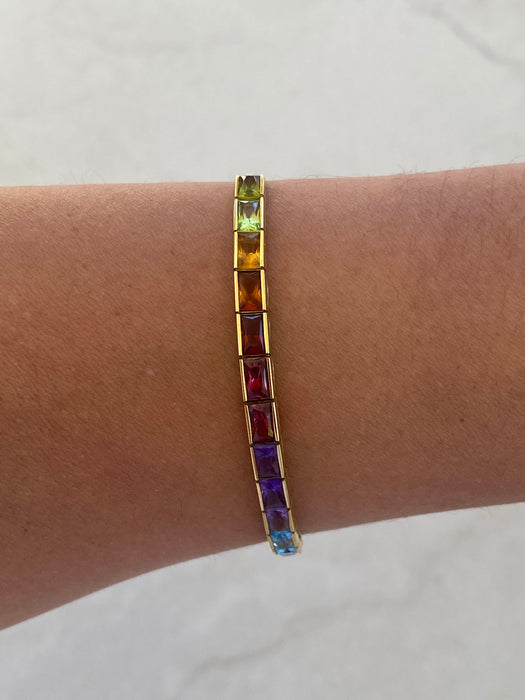 Vintage 18K Gold Rainbow Gemstone Herringbone Bracelet