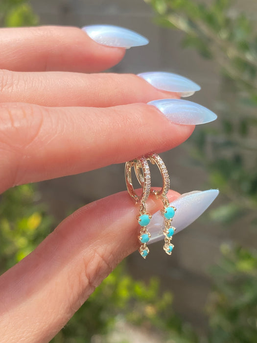 14K Gold Diamond Huggie Earrings with Turquoise Dangle Charms