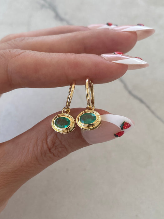 14K Gold Natural Emerald Huggie Earrings with Double Bezel Charms