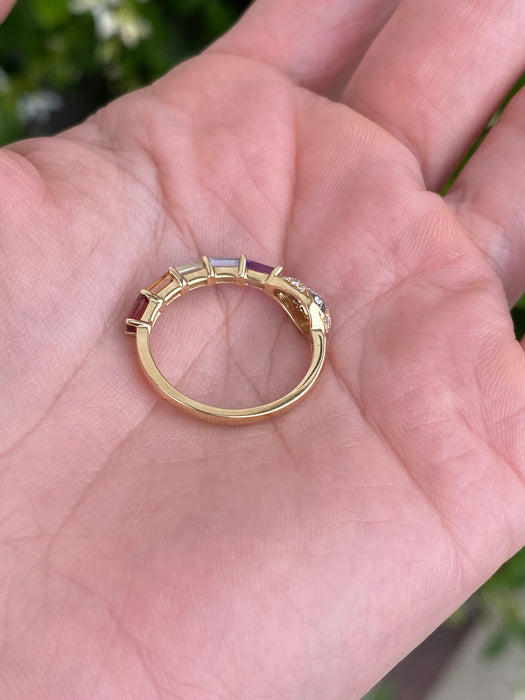 14K Gold Rainbow Gemstone & Diamond Snake Ring (Size 7)