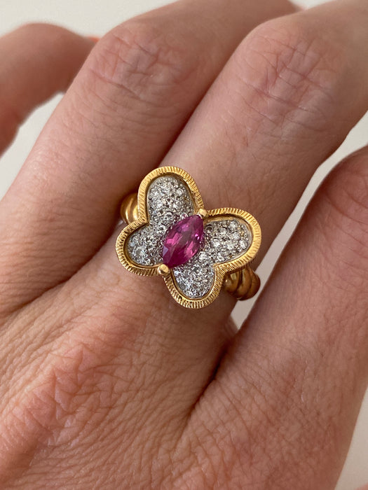 Vintage 18K & Platinum Diamond Ruby Butterfly Twist Croissant Ring – Size 5.5