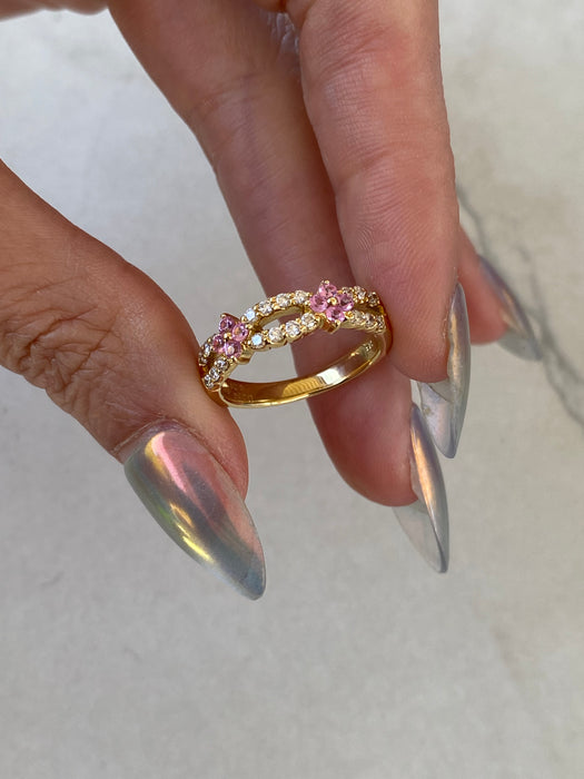 Vintage 18K Gold Pink Sapphire Flower & Diamond Double Row Ring