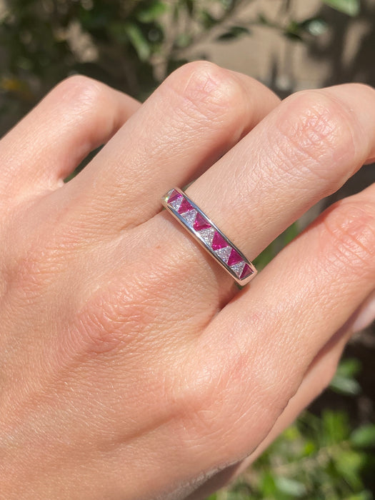 Vintage Platinum 900 Ruby & Diamond Trillion Ring Size 6