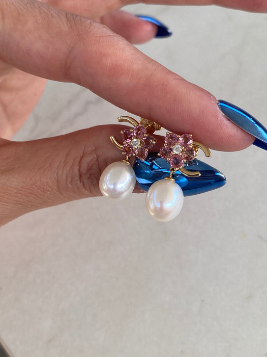 14K Gold Pink Topaz, Diamond & Pearl Drop Earrings