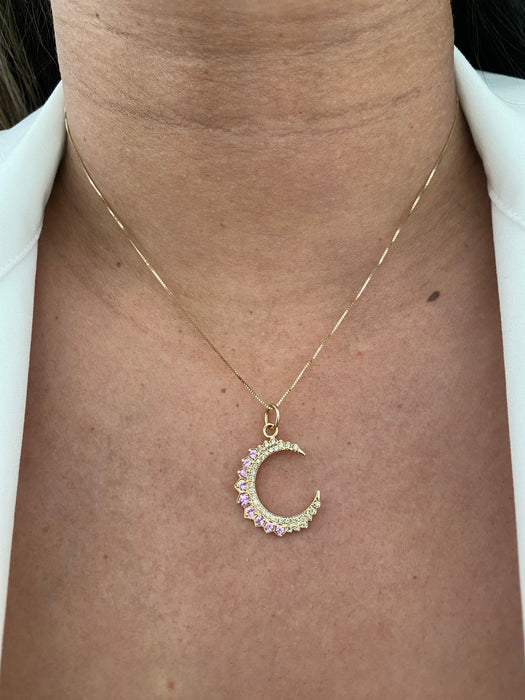 14k diamond and pink sapphire crescent moon pendant