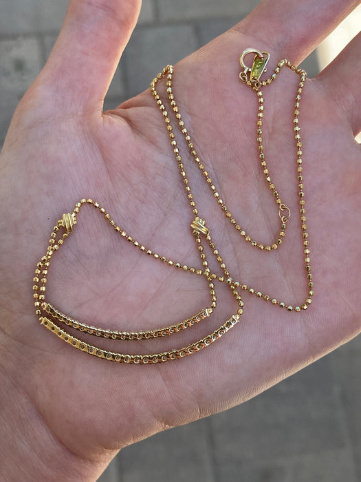 Vintage 18K Gold Bead Chain Necklace with Double Curved Diamond Bar – 1.23 TCW Diamonds, Adjustable 14–15.5”