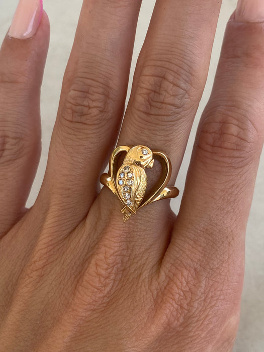 Vintage 18K Gold Parrot & Heart Diamond Ring