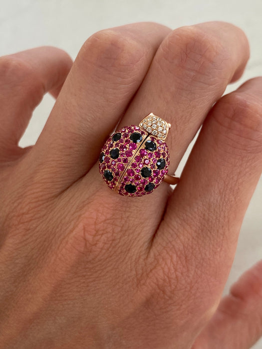 18K Rose Gold Ladybug Garnet, Ruby & Diamond Ring